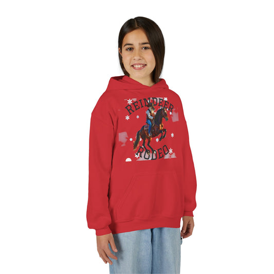 Reindeer Rodeo Youth Hoodie, Cute Holiday Sweatshirt, Winter Fashion, Kids Christmas Apparel, Fun Gift for Cowgirls